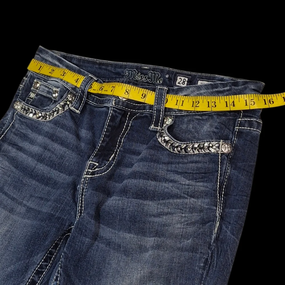 Miss Me Easy Straight Embellished Mid-Rise Blue Jeans Women Size 28 - Picture 11 of 16